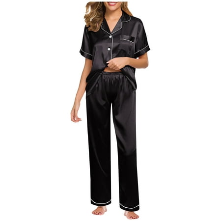 

Fimkaul Women s Lingerie Pajama Set Plus Size Nightwear Robe Underwear Suit Satin Short Sleeved Tops And Trousers Loose Nightgowns Sleepwear Black XL