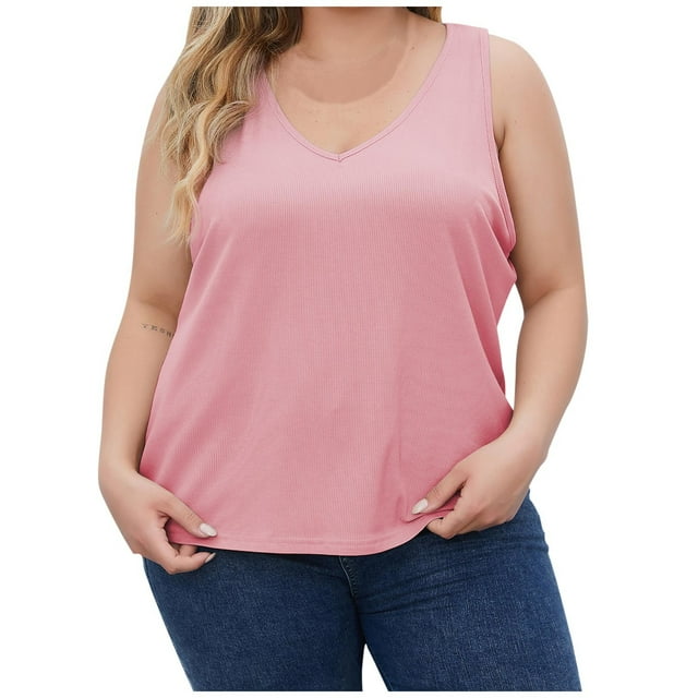 Plebaso Plus Size Tank Tops for Women Sleeveless V Neck Ribbed Shirts Solid Color Casual Basic Tee Shirts