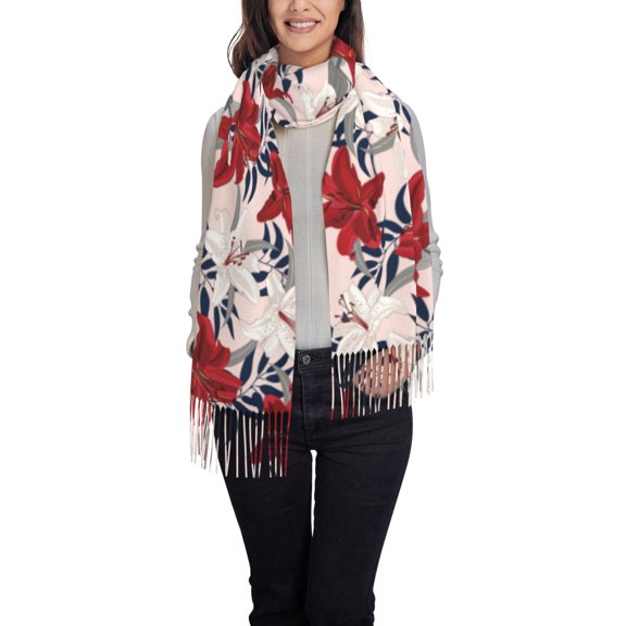 Honeii Lilies Flowers Print Scarf Oversized Scarf Tassel Fall Winter Thick Scarf Warm Shawl Women,Women's Scarves & Wraps