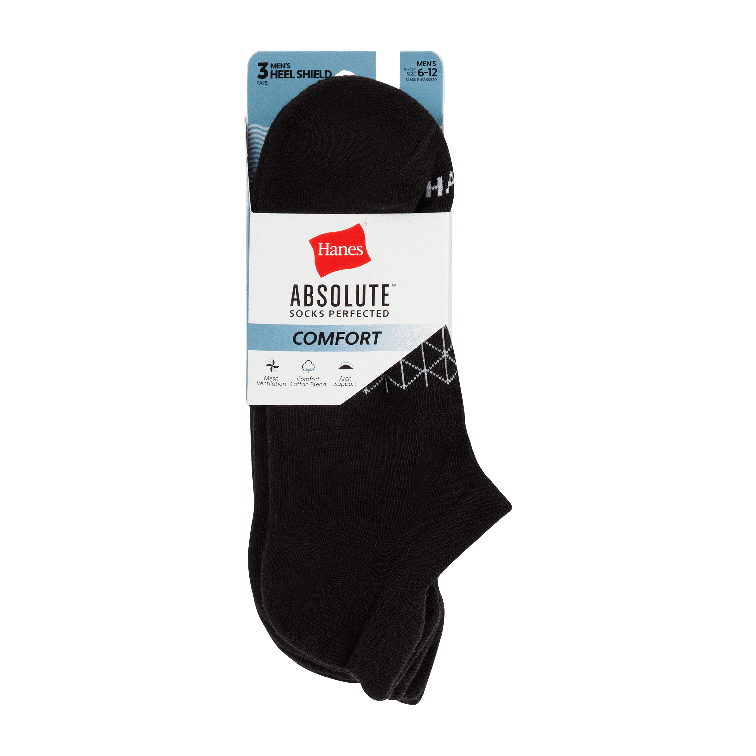 Hanes Mens Heel Shield Socks, Cushioned, Absolute Comfort, 3-Pack, Size 6-12, Black & Gray