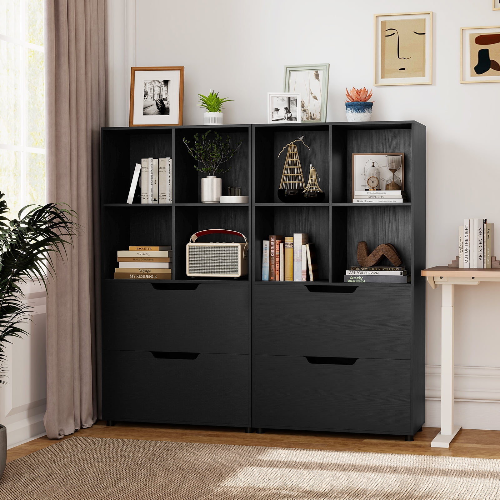 Costway 2PCS 51” 5-Tier 4-Cube Bookcase with 2 Drawers for Living Room, Study, Home Office Black
