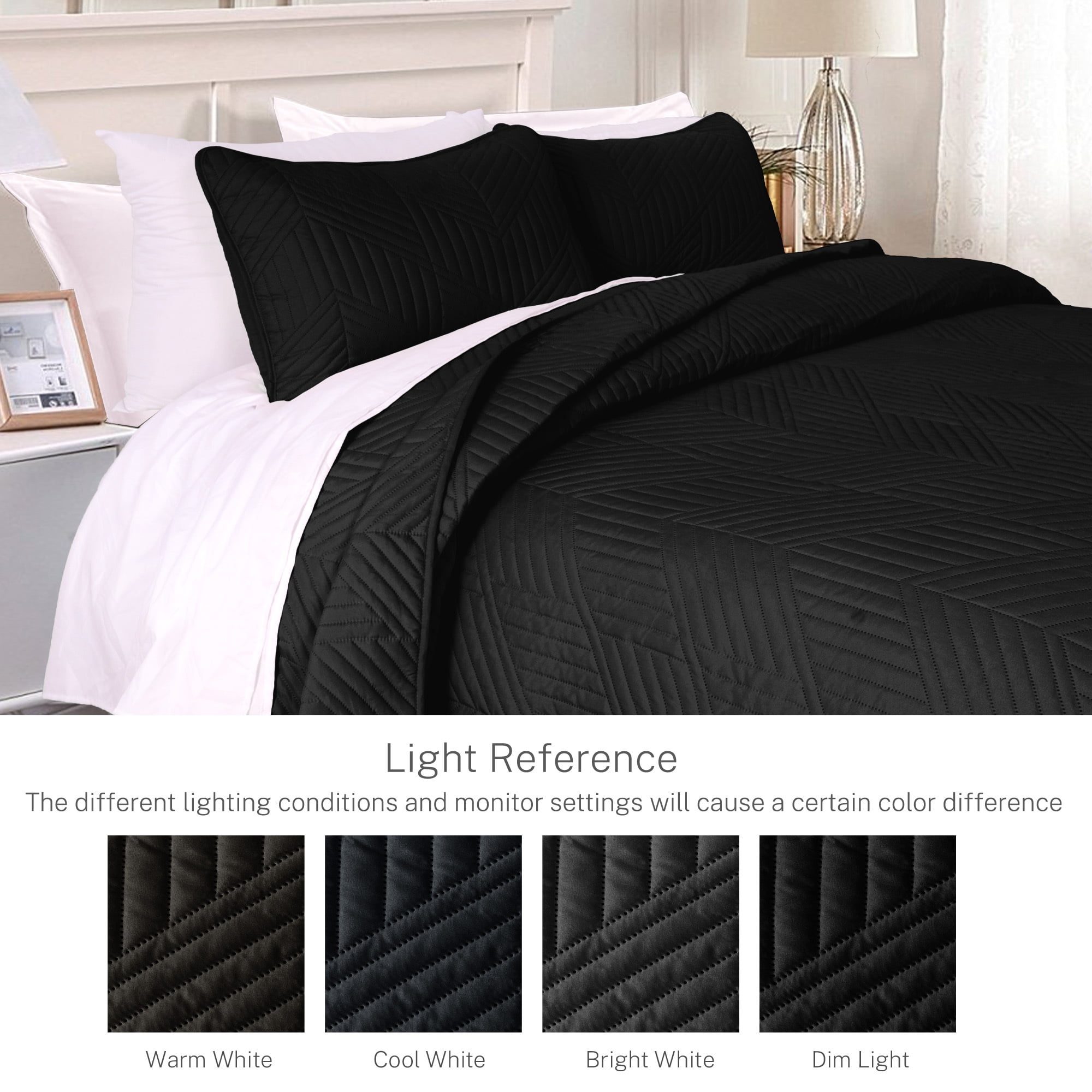 Exclusivo Mezcla Ultrasonic Full Queen Quilt Bedding Set, Lightweight Black Bedspreads Soft Modern Geometric Coverlet Set