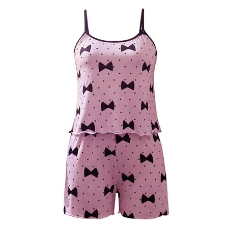 

Knosfe Two Piece Ruffle Cami Pjs for Women Sleepwear Satin Bow Print Pajamas Set XL