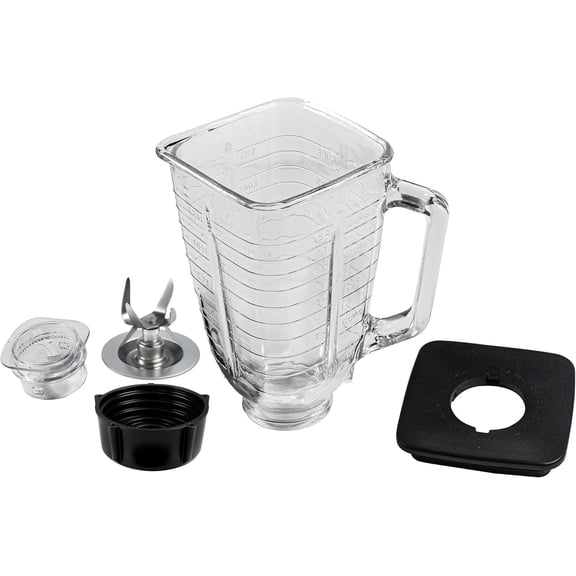 HQRP Glass Jar Set Replacement Compatible with Oster Osterizer Blender, 004954-011-090 014709-156-000 004902-003-NP0 084036000000, 1.25L Pitcher, 0.33 Gallon Capacity, Black Lid