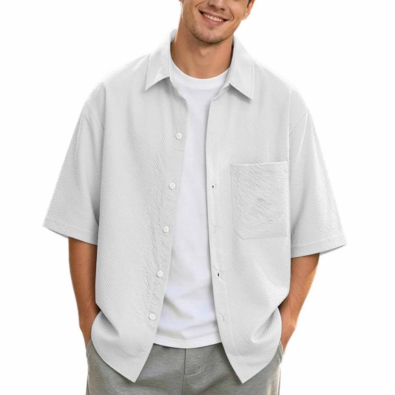 IWRICH Men's Plain Textured Summer Shirt Jacket Casual Button down Short Sleeve Beach Shirts White XL