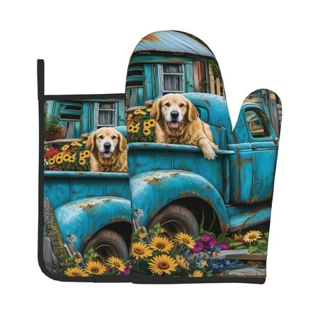 

Gaeub Vintage Pickup Sunflower Dog Print Oven Mitts and Pot Holders Sets of 2 Heat Resistant Pad Cooking Gloves for Baking BBQ Home Decor