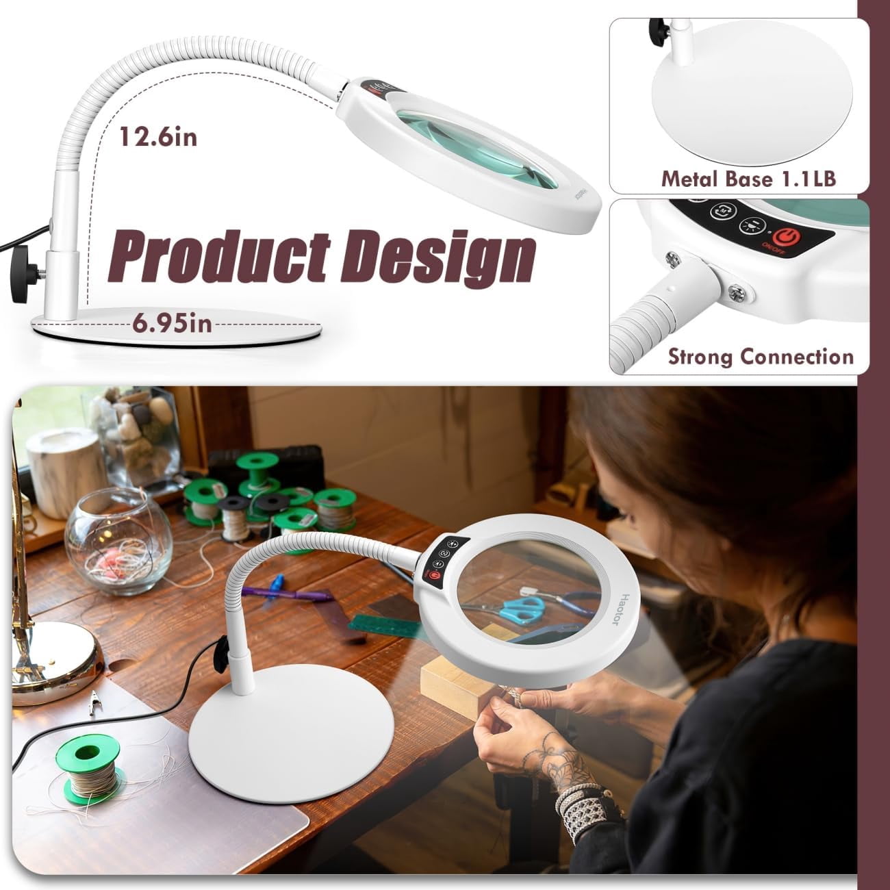 Haotor 4.2-inch Magnifying Glass with Light and Stand with Flexible Goose-Neck - White