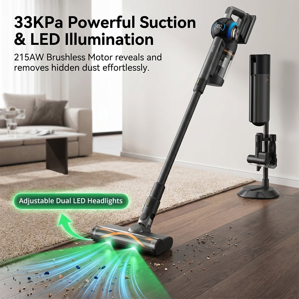 JIGOO Cordless Vacuum Cleaner Station with 2.5L Dust Capacity, 3 Modes, Dual LED, Auto Dust Collection JIGOO V700 Black