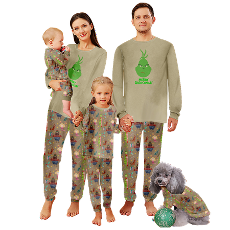 

FUNIER Family Christmas Pajamas Grinch Khaki Printed Baby-Kids-Adult-Pet Size 2-Piece Top and Pants Bodysuits Clothes Pajamas Set