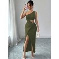 thumbnail image 4 of Green One Shoulder Cut Out Side Belt Split Maxi Dress For Women, 4 of 6