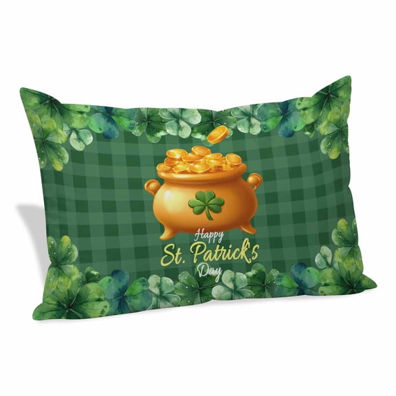 St Patricks Day Pillow Covers Queen, Gold Coin Green Shamrock Spring Watercolor Plaid Soft Brushed Microfiber Breathable Throw Pillow Covers, Pillowcase with Zipper for Couch Sofa Bedroom 20"x30"