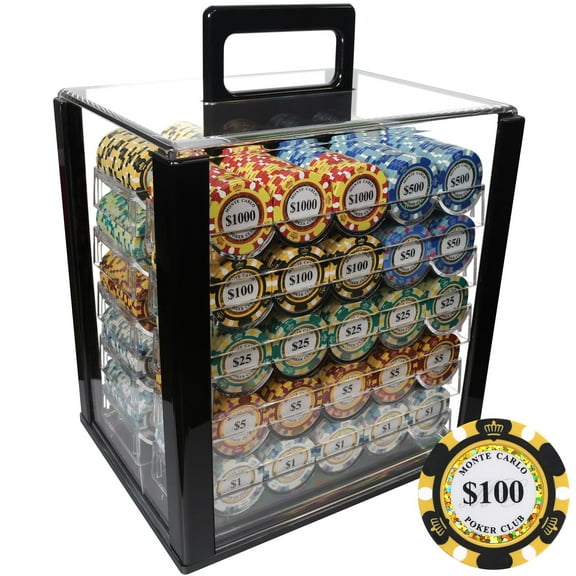 CGS Monte Carlo Poker Club 1000-Piece Premium Poker Chip Set with Acrylic Carrier for Casino Games - Heavy 14 Gram Clay Composite