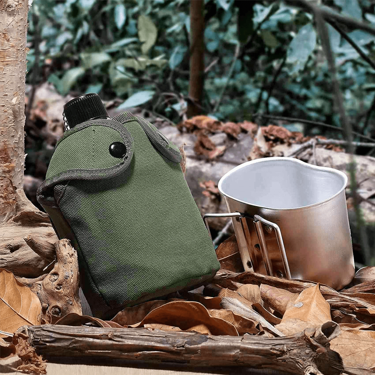 2X Outdoor Canteen Cookware Set Canteen Cup Portable Water Bottle with Grab Handle Cup for Outdoor Camping Hiking