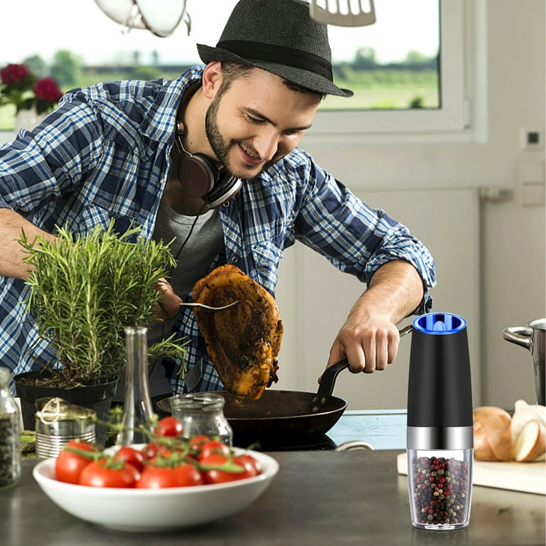 Gravity Electric Salt and Pepper Grinder Set of 2, Adjustable Coarseness, Automatic Mill Grinder, Battery Powered with Blue LED Light, One Hand