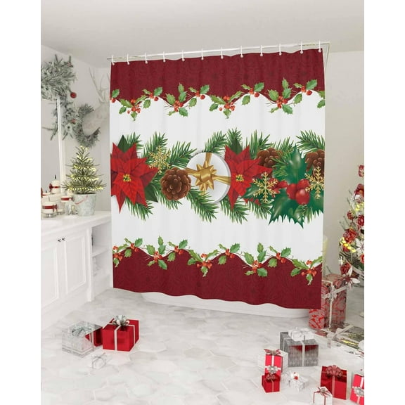 Christmas Shower Curtain Red Berry Poinsettia Shower Curtains for Bathroom Decor Goolden Snowfalke Christmas Decoration Bath Curtains Sets with Hooks Waterproof, 72x84 in