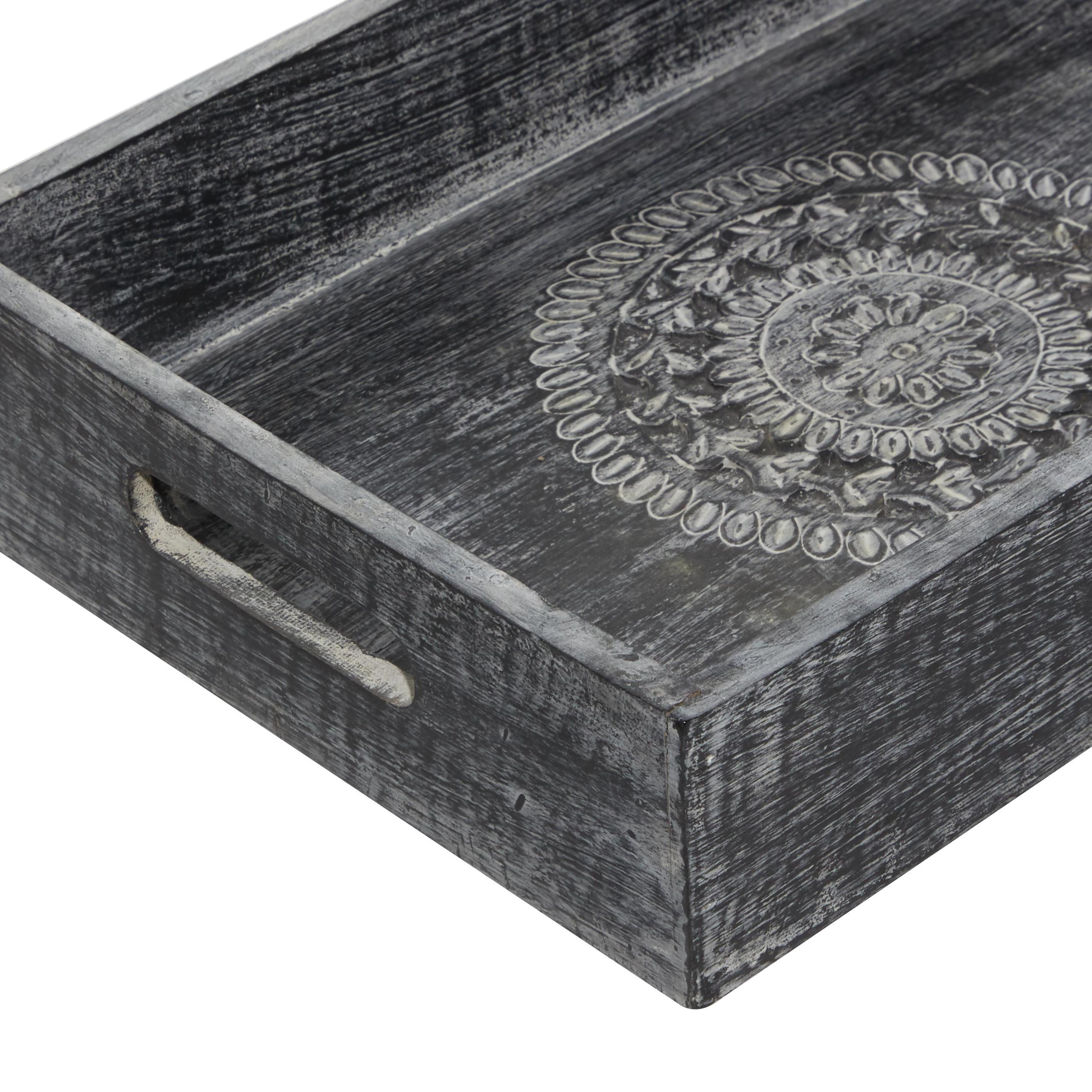 DecMode 12", 15", 18"W Black Wood Intricate Carved Floral Tray, 3-Pieces