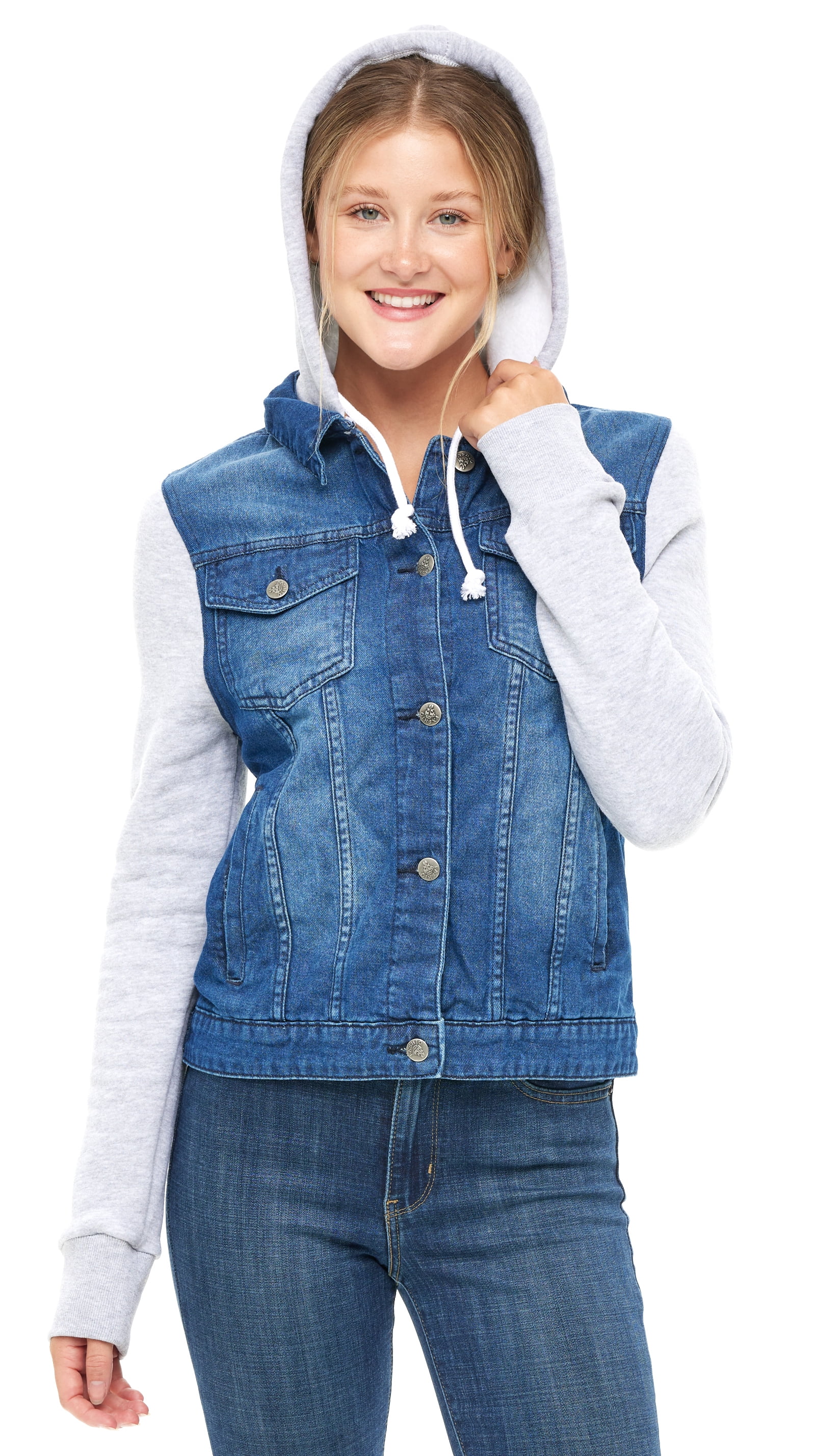 SKYLINEWEARS Women Hooded Denim Jacket Long Sleeve Layered Drawstring ...