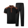 thumbnail image 4 of ZVNAΖH Men's Waffle Knit 2-Piece Set 3-Button Stand Collar Polo Shirt & Drawstring Pants Casual Outfit, 4 of 9