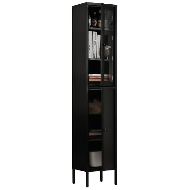 Furniturer Modern Full Metal Cabinet, Modern Black Bookcase With Glass Doors