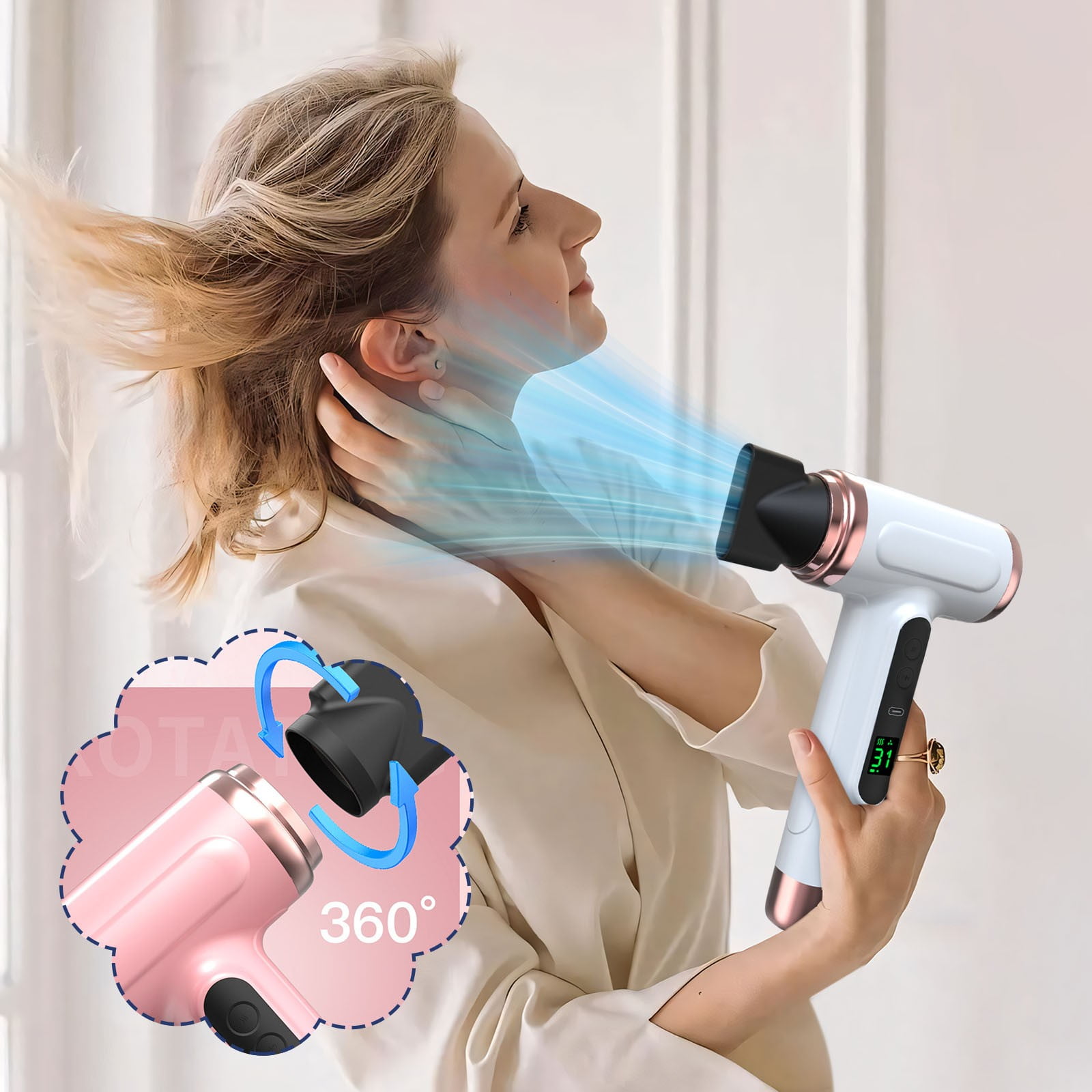 Wireless hair dryer, can be charged via USB, battery-powered cold/heat wind hair dryer, suitable for outdoor travel and camping (white)