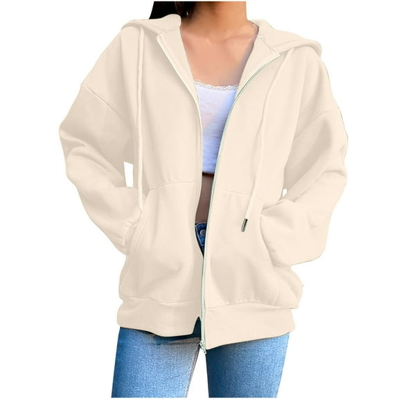 VISALY Womens Zip Up Hoodies Sweater Jacket Women's Zip Up Oversized Solid Color Sweatshirt with Pocket Casual Long Sleeve Fall Jackets Comfy Sweaters Plain Hoodie Long Sleeve Sweaters Beige L