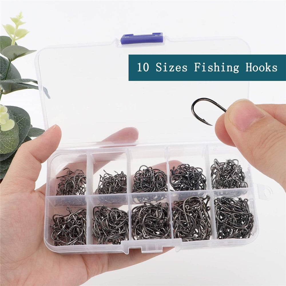 500pcs Fish Hooks 10 Sizes Fishing Black Silver Sharpened With Box
