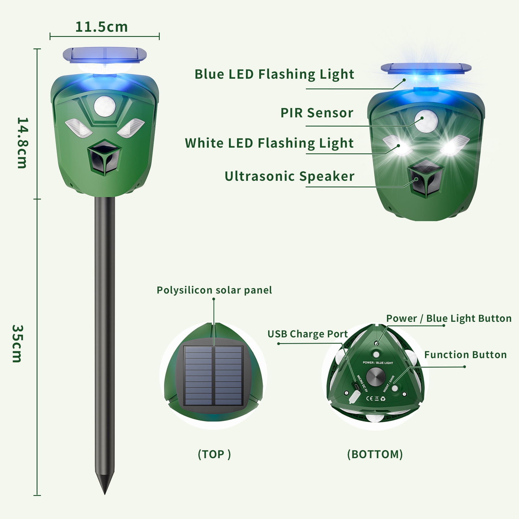 X-PEST Ultrasonic Squirrel Repeller Outdoor - Deer Deterrent with PIR Sensor, Solar Powered for 360° Protection Against Deer, Squirrels, Raccoons, Rabbits in Garden, Yard, Farm