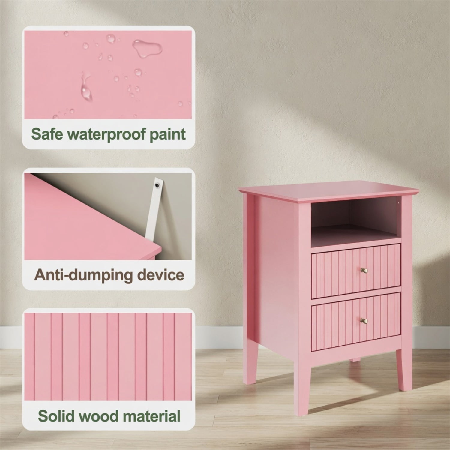 Hommoo 18"W Wooden Fluted Nightstand Set of 2, with 2 Drawers & Open Shelf, Modern Bedroom Sofa Side Table, Pink