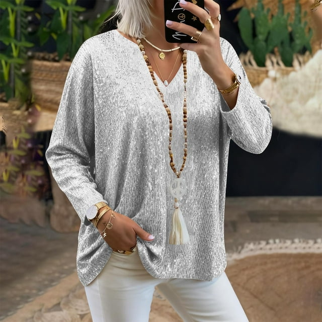 AUNVITO Women's Sparkly V-Neck Long Sleeve Blouse Loose Fit Plus Size Casual Glamorous Style