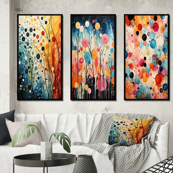 Designart "Dynamic Duality Colorful Mid Century Harmony III" Abstract Framed Wall Art Set Of 3 - Multi-Color Midcentury Frame Canvas Set For Living Room Decor