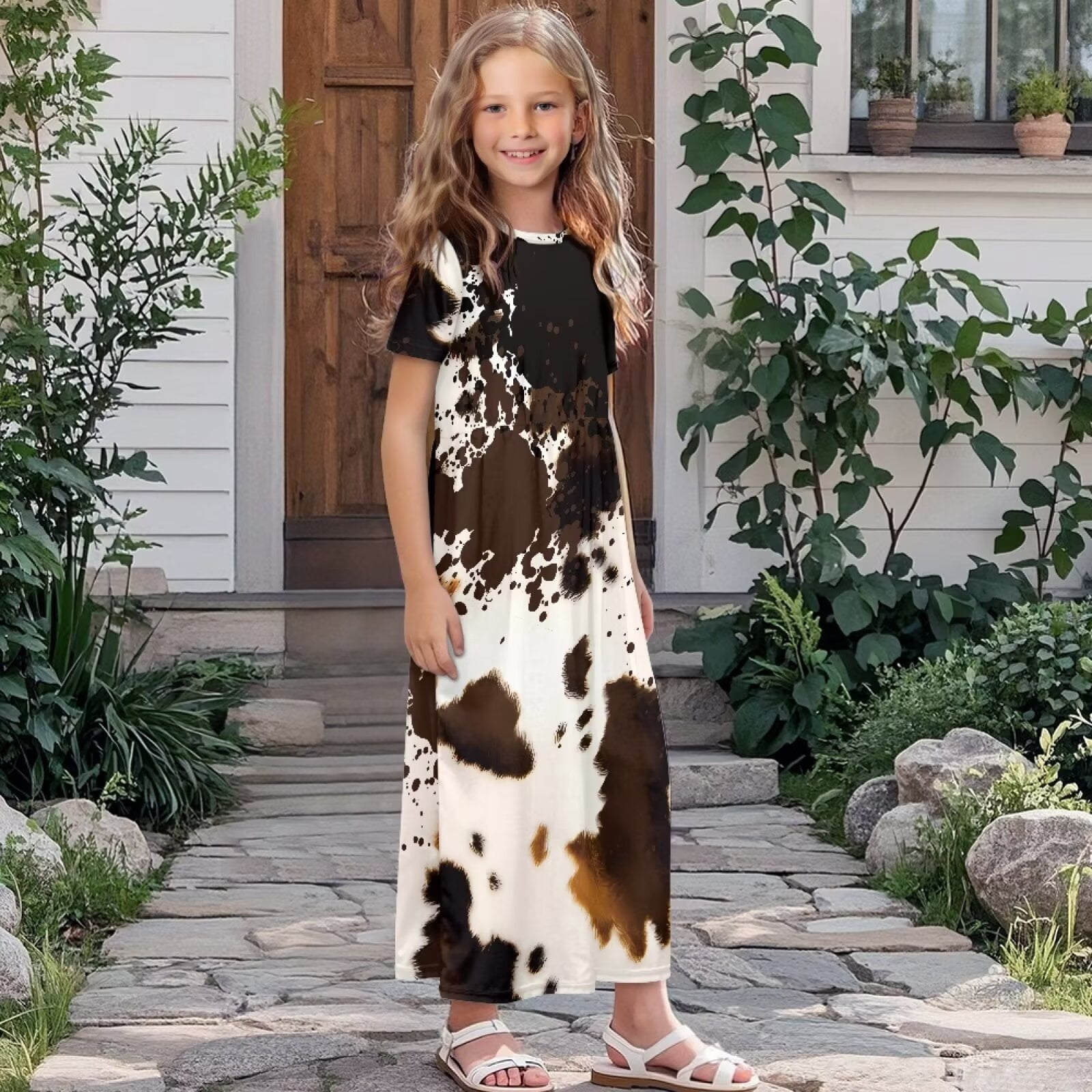 Uourmeti Girl's Dress Brown Cowhide Print Crew Neck Short Sleeve Maxi Long Dress with Pockets Cute Flowy Holiday Outfits, Size 7-8 Years