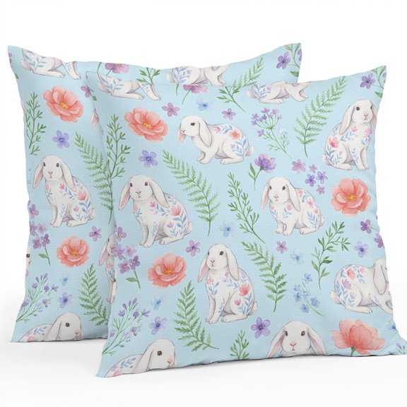 Throw Pillow Covers 24x24 Inch Set of 2, Rabbits Ferns Waterproof Outdoor Pillow Covers, Purple Flowers Leaves Cottagecore Sky Blue Decorative Cushion Pillowcases for Couch, Sofa, Bed, Garden, Patio