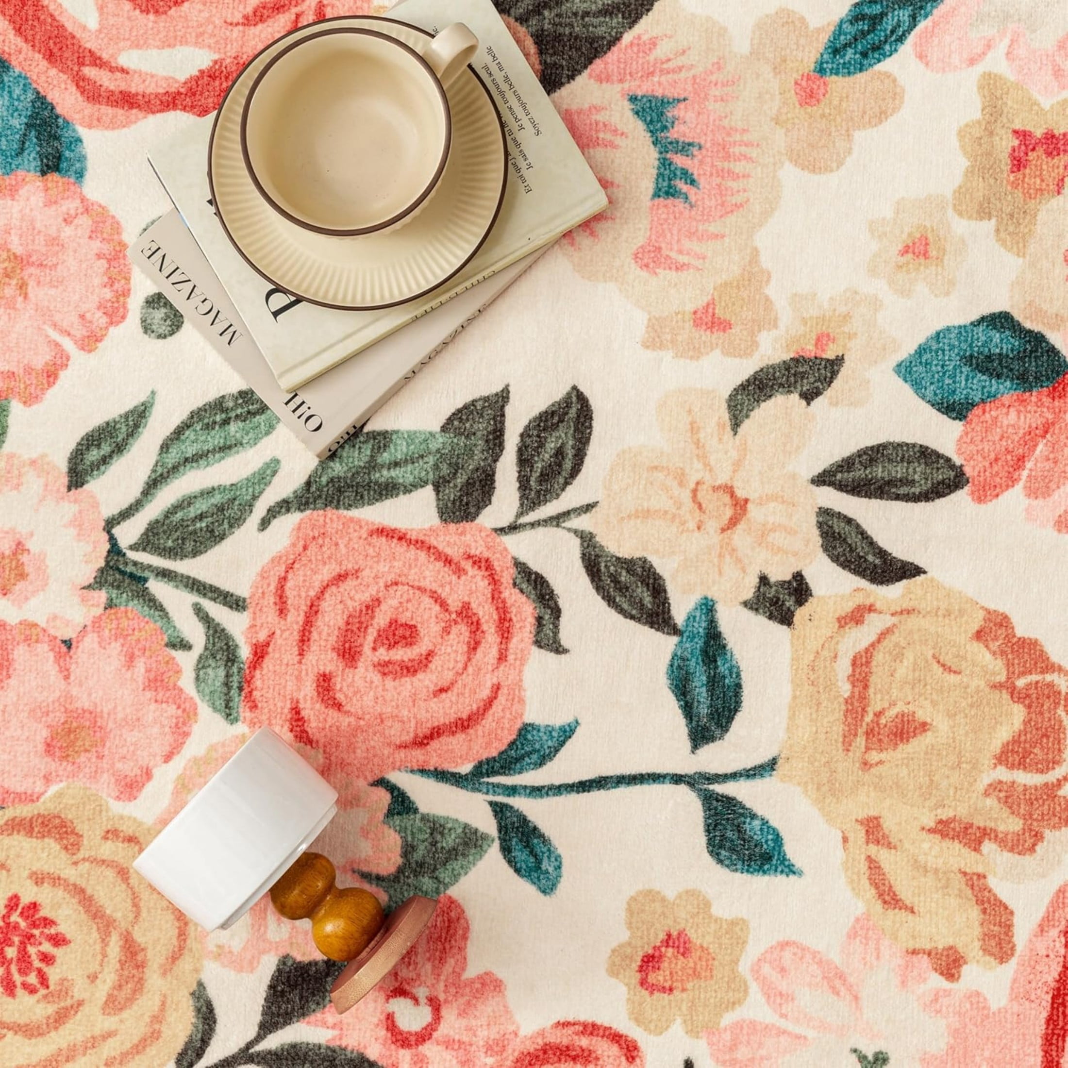 WIPONKEN 8x10 Floral Area Rugs Machine Washable Non-Slip Botanical Scalloped Rug for Living Room Bedroom, Modern Farmhouse Floor Mat with Vintage Flowers Pattern, Home Decor Indoor Low Pile Beige