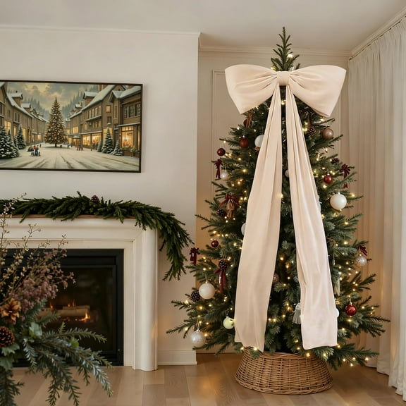 6 Ft Giant Cream/Off-White Velvet Christmas Bow – Tree Topper, Wreath, Garland, Window & Wall Decoration, Indoor & Covered Outdoor Holiday Décor, Luxury Reusable Ribbon