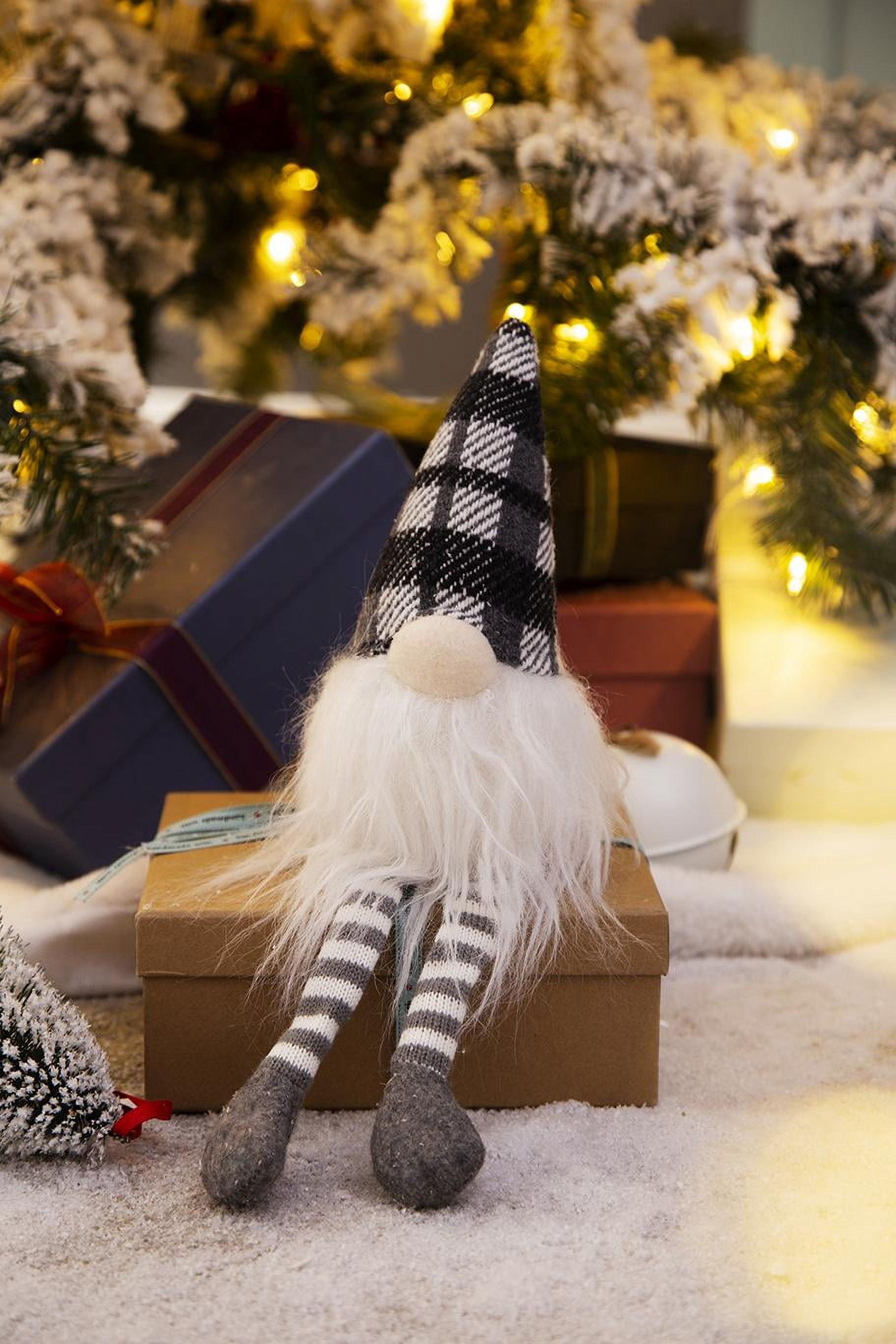 Festive Minimalist Gnome Figurine Set White Beard Gray Plaid Hat Long Legs Tabletop Mantel Dining Room Seasonal Vignette Decoration