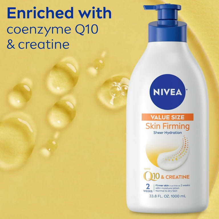 NIVEA Skin Firming Hydration Body Lotion with Q10 and Shea Butter, 33.8 Fl  Oz Pump Bottle 