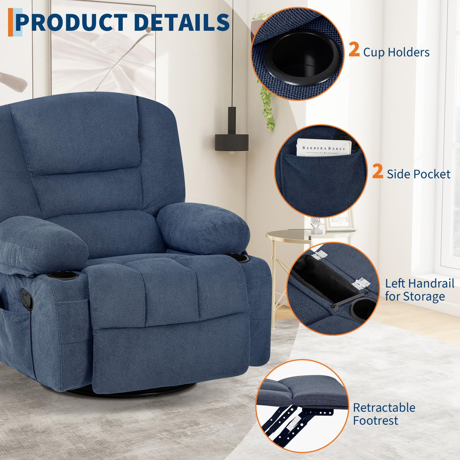 Oversized Power Recliner Chair with 360° Swivel, Rocking, Massage & Heating - Extra Wide Chenille Lounge Sofa with Remote, Cup Holders, Side Pockets, USB Port - Living Room, Bedroom