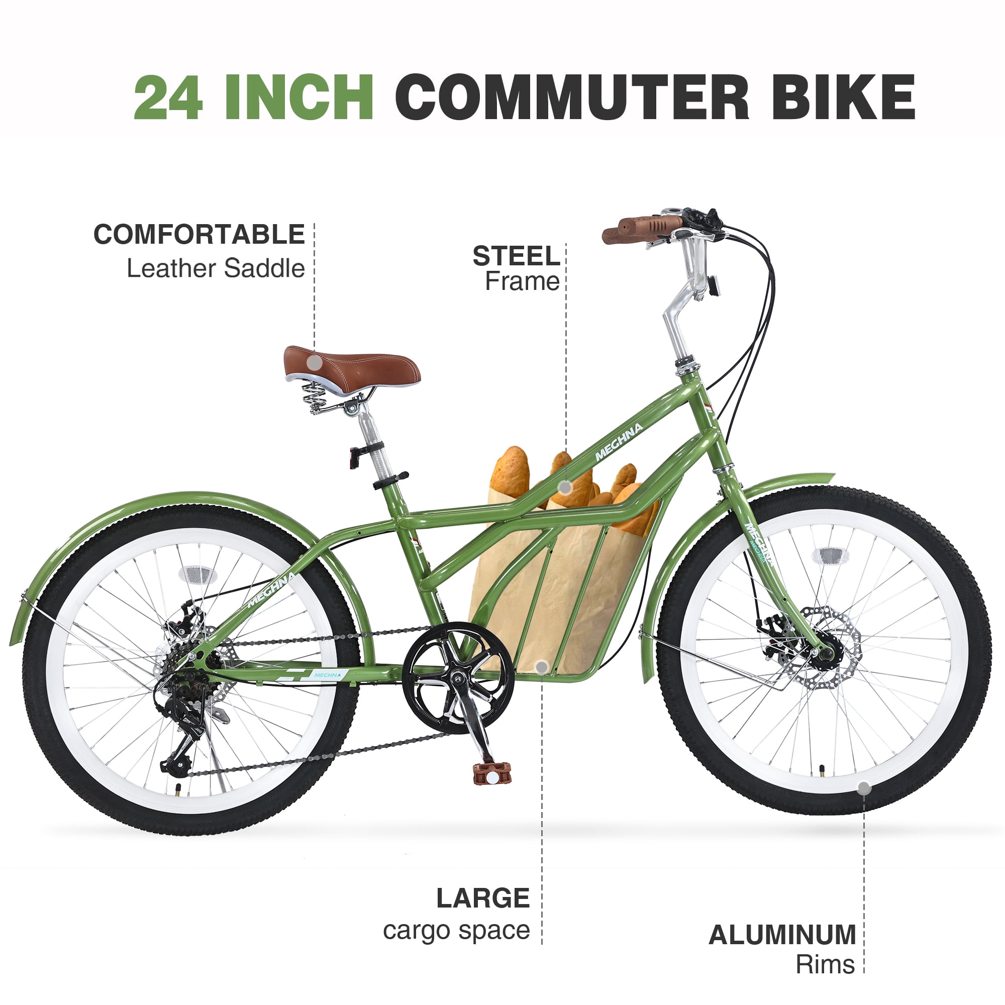 Meghna 24 inch Commuter Bike 6 Speed Dual Disc Brake with Front Storage for Women Daily Commuting Green