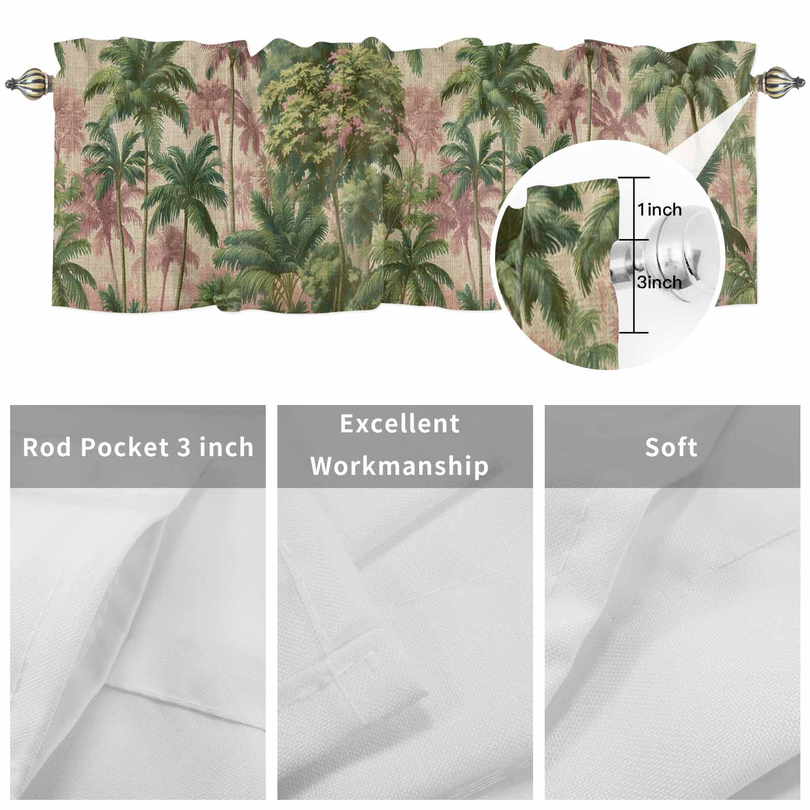 Summer Palm Tree Valances for Windows, 60x18in, Vintage Tropical Green Jungle Tree Leaf Linen Texture Rod Pocket Kitchen Valance Curtain Light Filtering Window Treatments for Living Room Bedroom