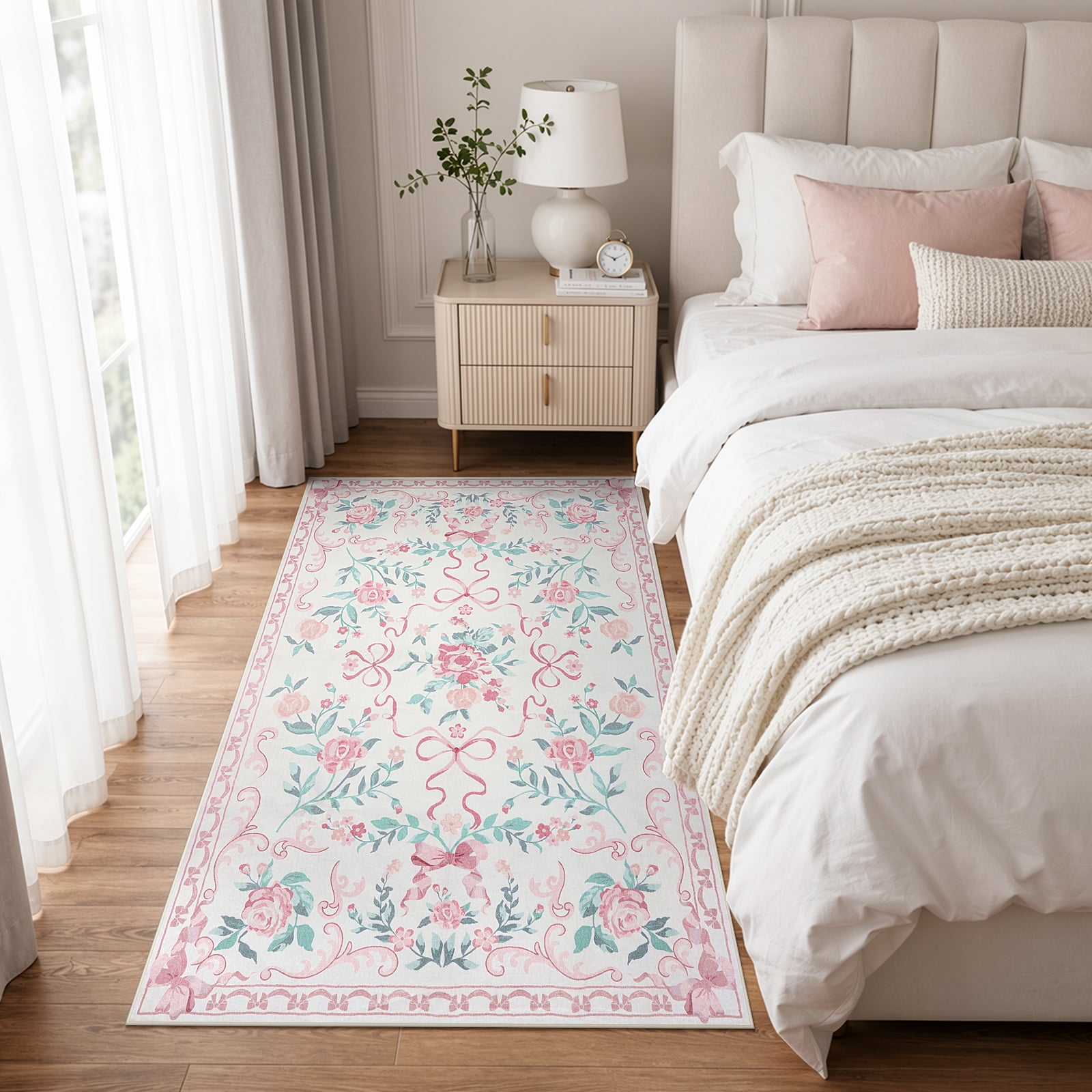 Lahome Washable 3'x5' Floral Bow Area Rug, Pink Rugs for Nursery Living Room, Soft Ultra-Thin Non-Slip Carpet for Girls Bedroom Entryway Playroom, Pink