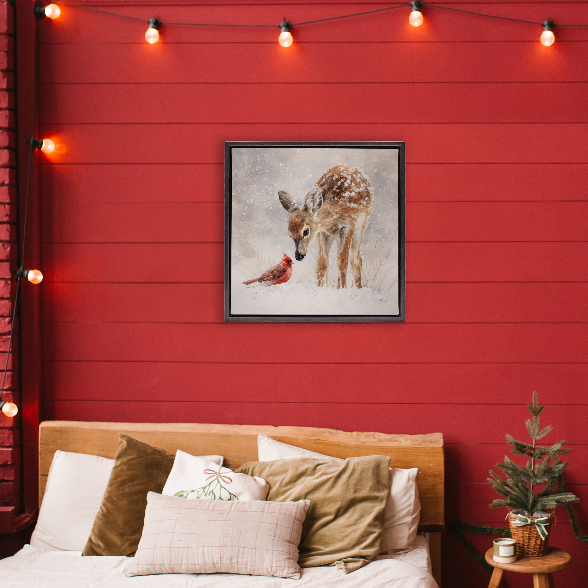Stupell Industries Little Fawn & The Cardinal Black Framed Floater Canvas Wall Art, design by Tina LeCour