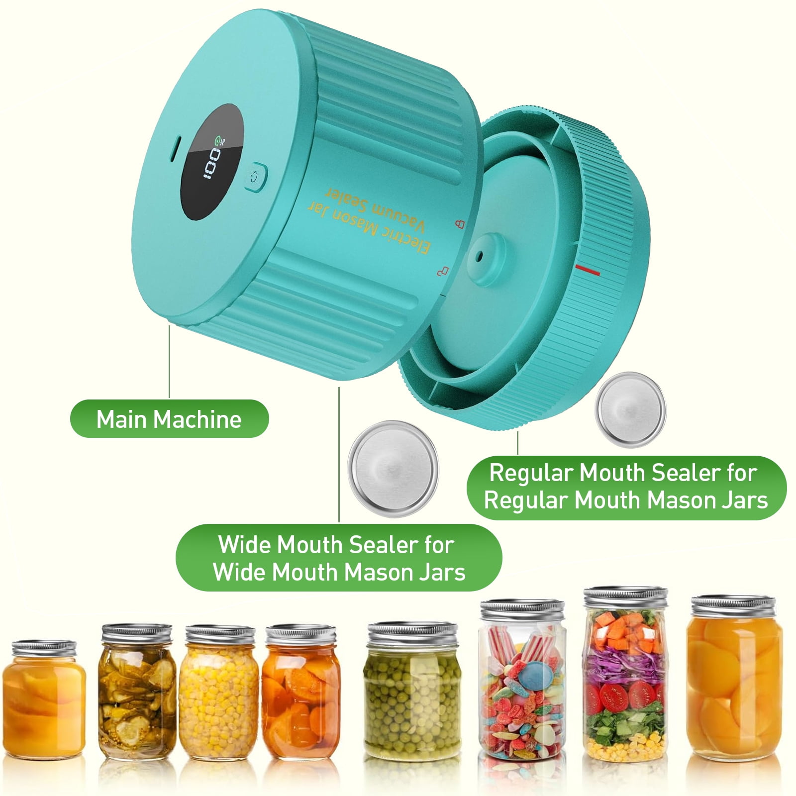 AARTVARK TEES Electric Mason Jar Vacuum Sealer, Vacuum Sealer Kit for Wide-Mouth & Regular-Mouth Mason Jars, Food Storage and Fermentation, Green