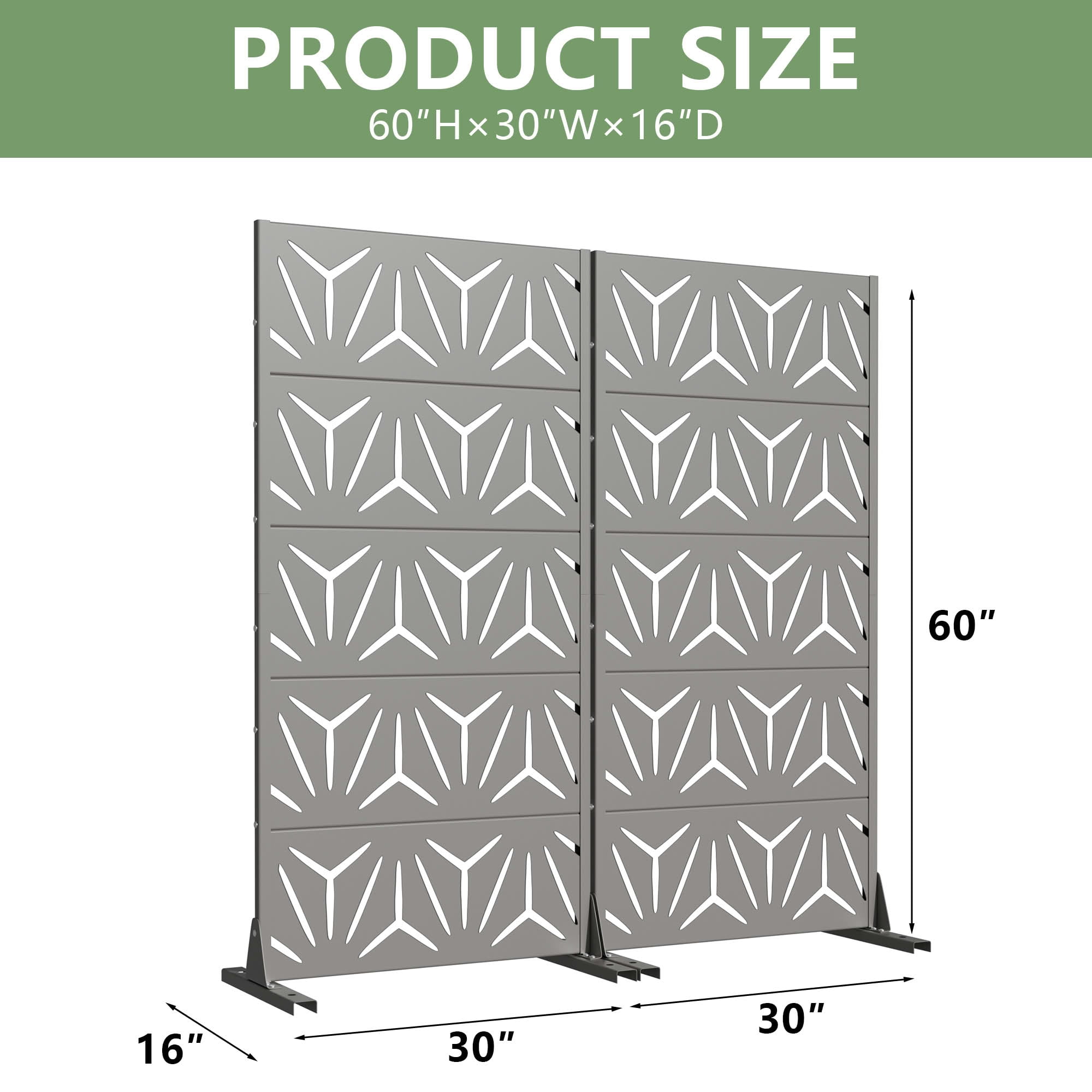 MAYEERTY 2-Piece Outdoor Metal Privacy Screen 5ft Gray, 5-Panel Geometric Y-Pattern Decorative Screen for Garden