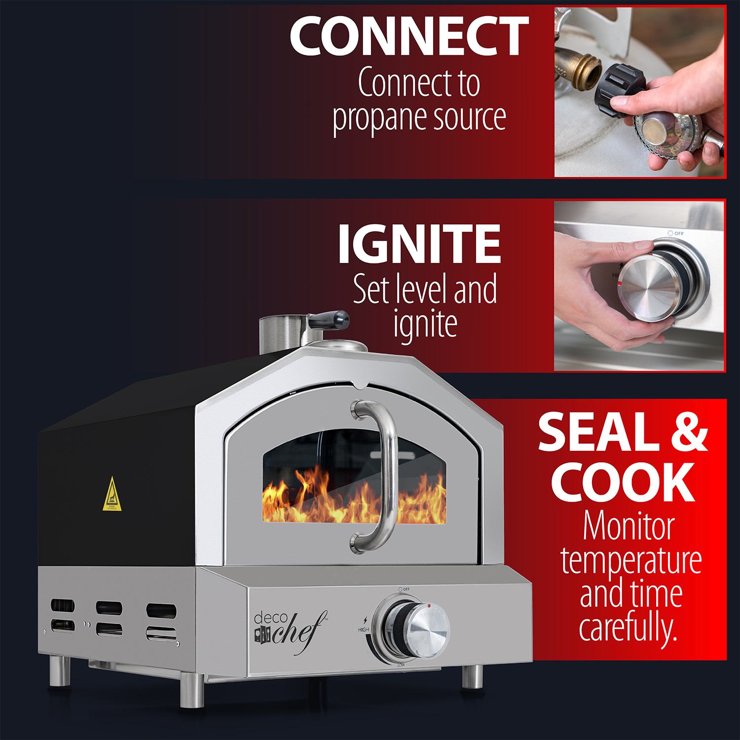 Deco Chef Portable Outdoor Pizza Oven and Grill with Propane Gas CSA Approved Regulator and Hose, Includes Pizza Peel, Stone, Built-In Thermometer, and Grill Rack, Black - image 4 of 11