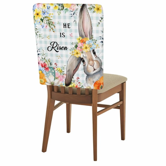 Happy Easter Chair Covers Set of 1 Spring Bunny He Is Risen Yellow Flower Floral Green Plaid Chair Back Covers Stretch Removable Washable Slipcovers Protector for Dining Room Kitchen Party Decor