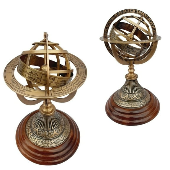 Brass Armillary Globe Astrolabe Globe Zodiac Engraved Wooden Base Nautical Brass Sphere Globe Engraved Armillary 9" Height 4.5" Base