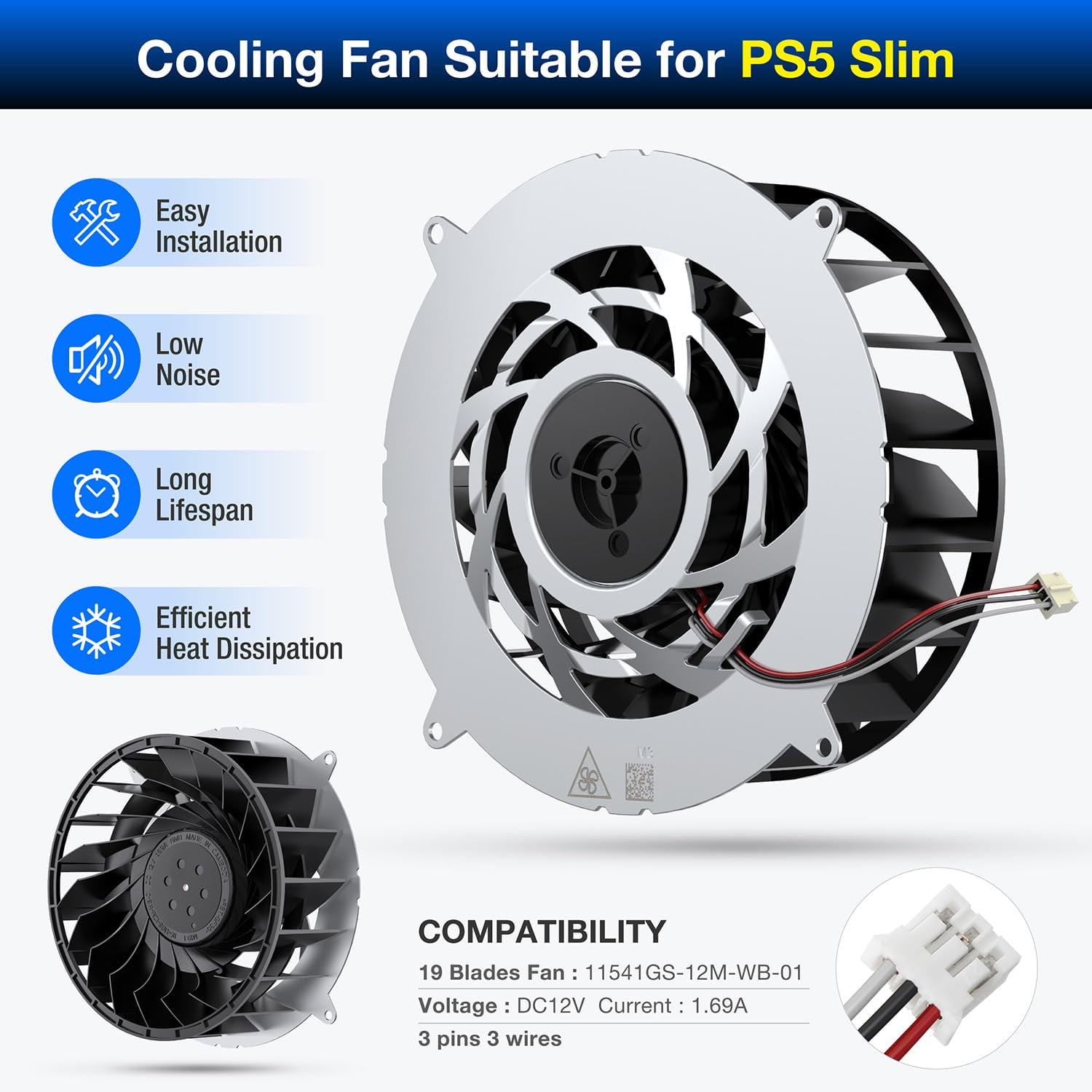 Internal Cooling Fan Replacement Parts for PS5 Slim, Fan Upgrade Replacement Dust Cleaning Kit for PlayStation 5 Slim, 19 Blades Fan Cooler-PS5 Slim