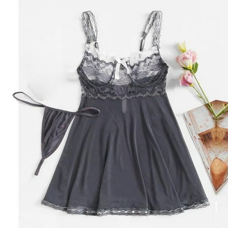 

B91xZ Lingerie For Women Lace Nightwear Underwear Bow Sleepwear Set Contrast Women Floral Lingerie Robe Women Lingerie Grey M
