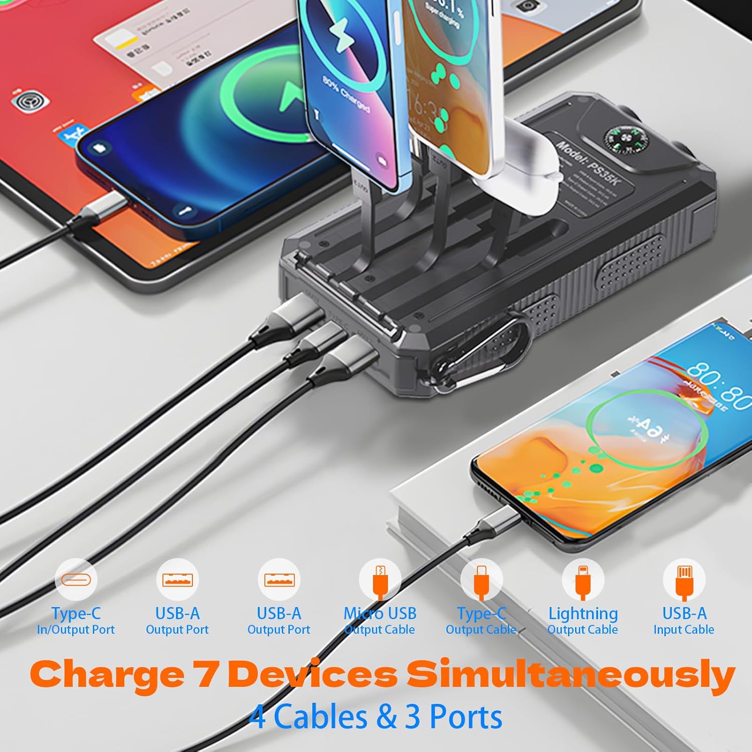Solar Charger 20,000mAh, Portable Power Bank, 4 Cables Outdoor Waterproof External Backup Phone Charger with USB-C for Cell Phones, Solar Battery Pack with Dual Flashlight for Camping
