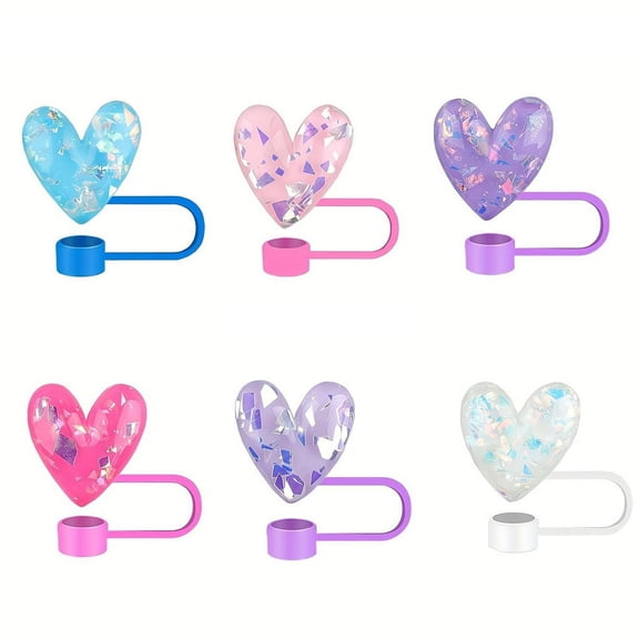 LingVibe Heart Straw Toppers 6-Pack, Glitter Resin Reusable Dust-Proof Straw Covers for Cups, Tumblers, Valentine's Day Party, Birthday & Wedding Drink Decorations,Multicolor